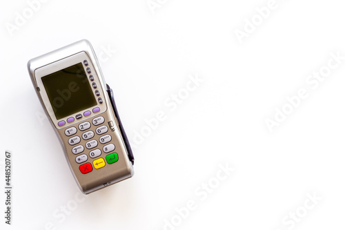 Pos credit card terminal, top view. Payment transactions concept