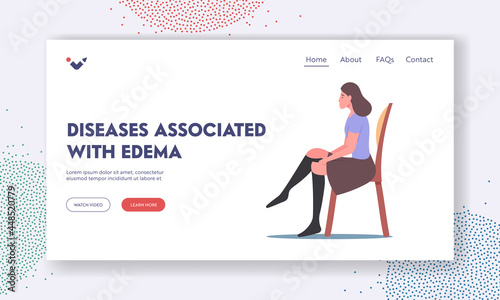Feet Disease Landing Page Template. Woman Wear Compression Stockings for Diseased Legs Treatment and Edema Prevention