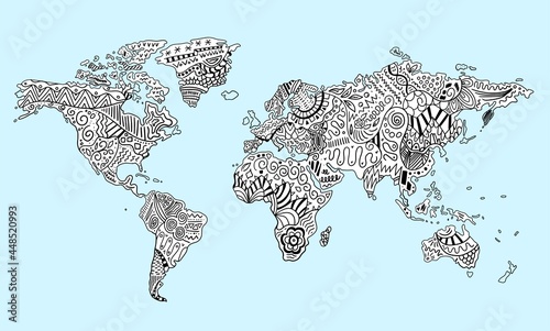 Hand drawn doodle map with ornament, pattern or free hand lines. Abstract world map. Vector illustration