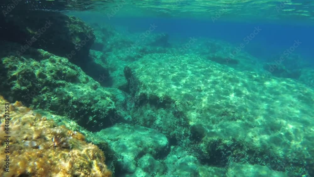 Rocky underwater landscape in the rays of flickering light. Rocky underwater landscape in the rays of flickering light.