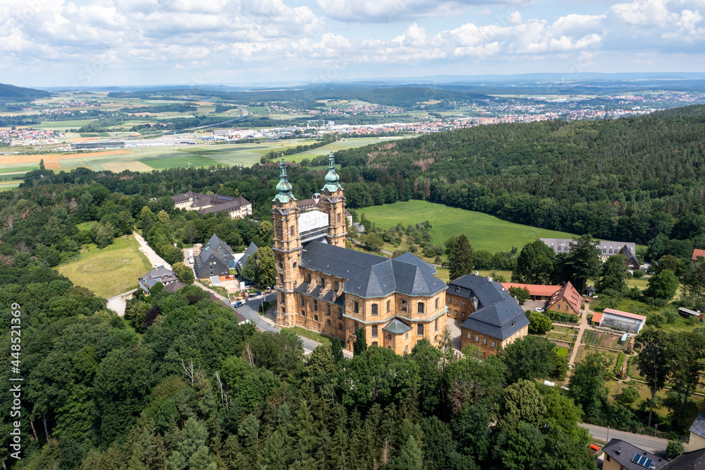 Aerial view, Basilica Vierzehnheiligen, Upper Main Valley, Franconia, Bavaria, Germany,