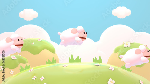 Cartoon sheep playing on the ground. 3d rendered picture.