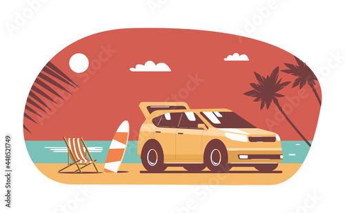 SUV car with luggage on background of abstract tropical landscape. Vector flat style illustration.