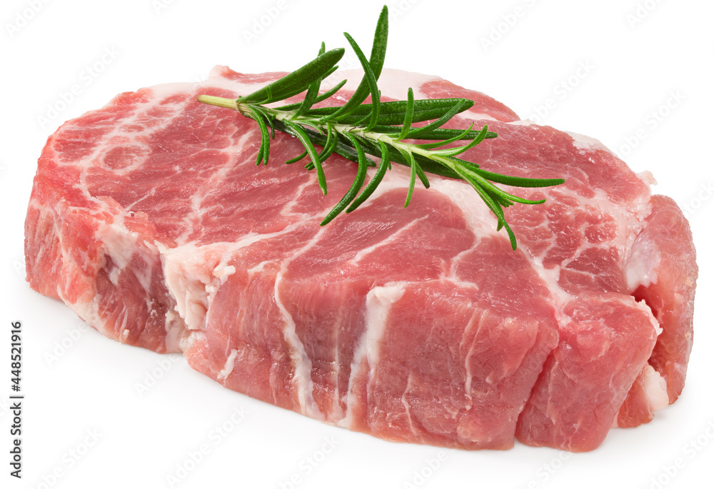 raw pork meat with rosemar isolated on white background. Clipping path and full depth of field