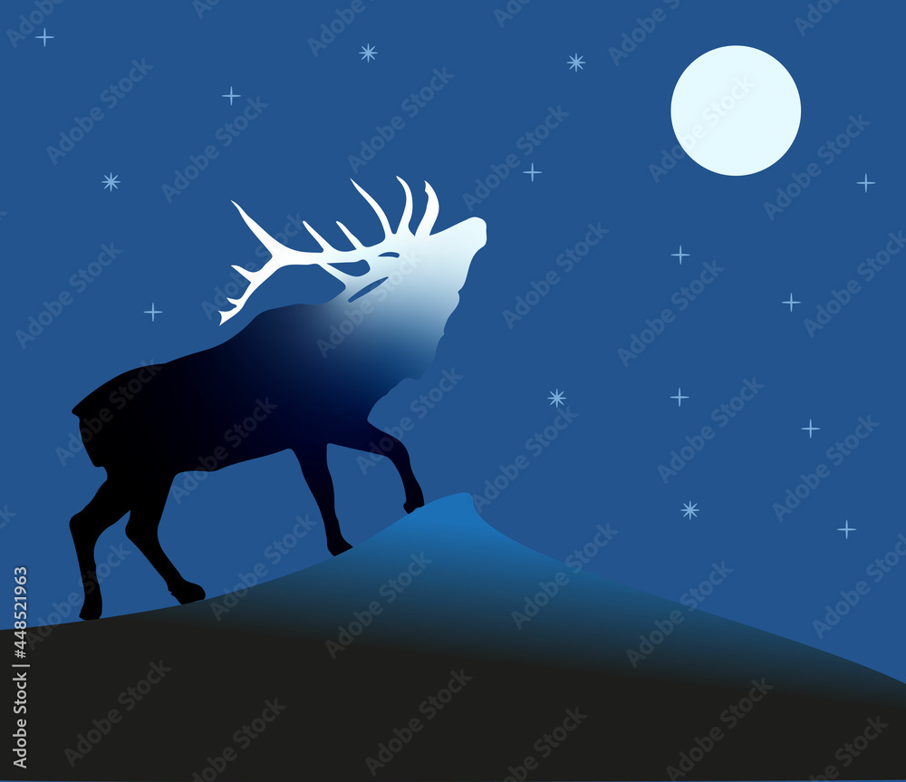 A deer stands on a rock and looks up at the night sky. A deer stands on a rock and looks up at the night sky.