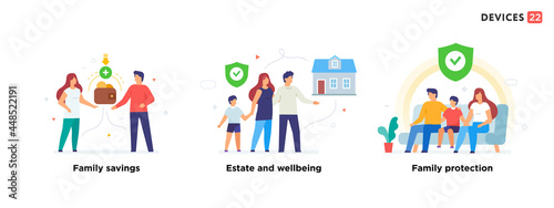 People use gadgets. set of icons, illustration. Family protection, investment, real estate, home. Flat illustration Icons infographics. Landing page site print poster.