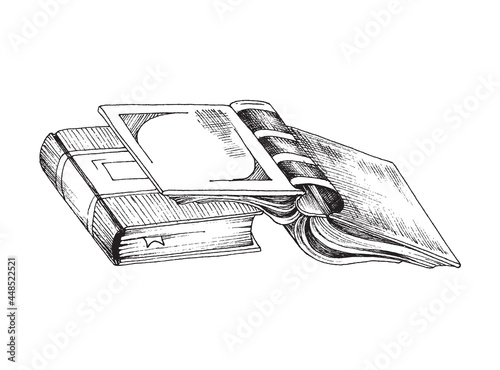 Opened and closed books in sketch style vector illustration isolated.