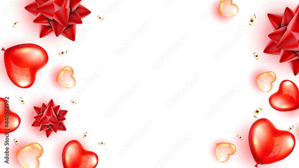 Fototapeta premium Heart Air Balloons And Confetti Copy Space Vector. Flying Helium Inflated Decoration In Heart Shape And Foil Sparkling Streamer For Celebrate Valentine Day. Template Realistic 3d Illustration