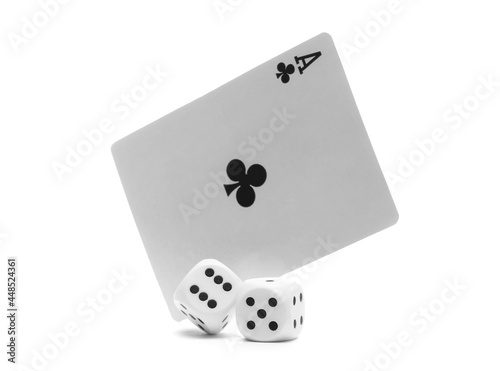 Ace of clubs card and two dice, die for poker and gambling isolated on white background