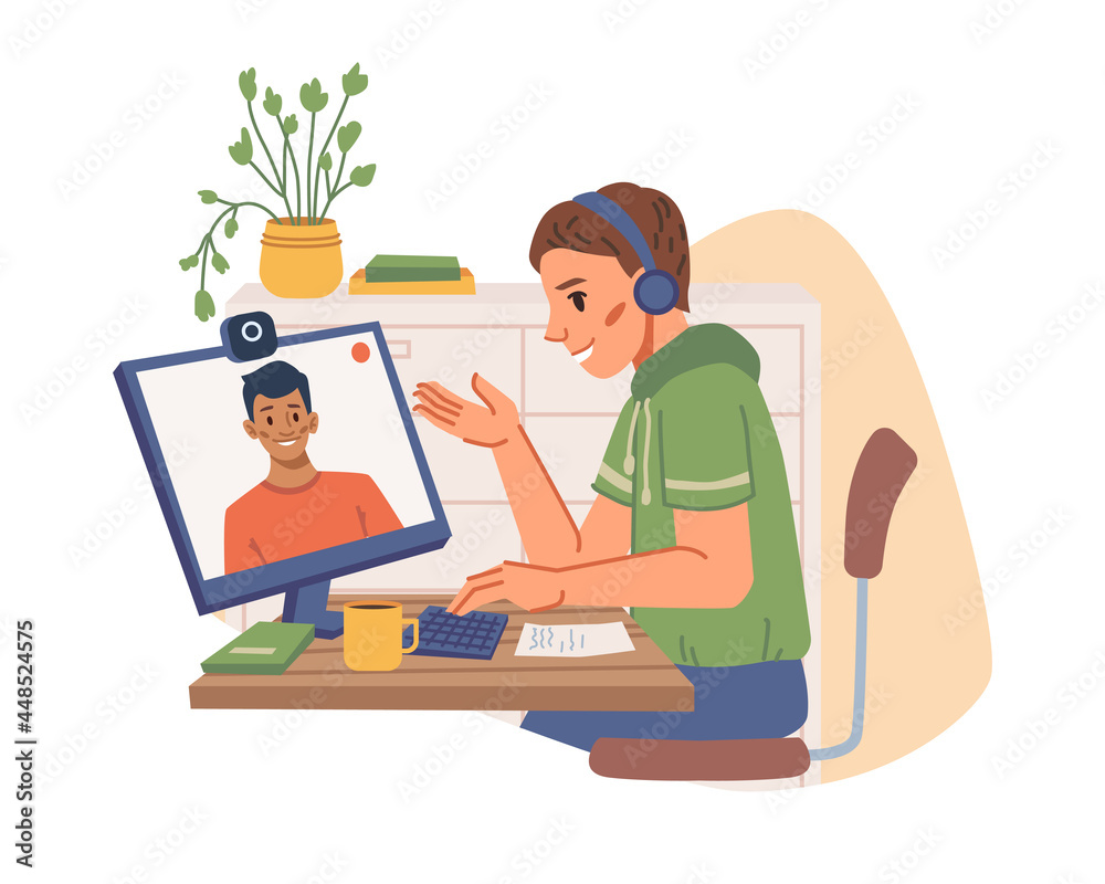 Teenager communicating with friend on computer by video camera isolated flat cartoon character. Vector online communication, young man taking to friend in zoom, chatting and education via internet