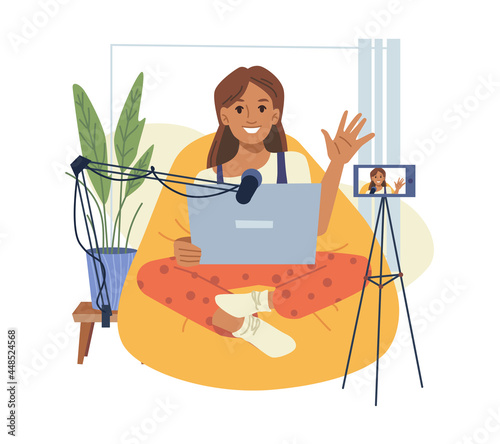Woman blogger with camera speaks in mic. Vector caucasian girl vlogger or coach record live virtual broadcast on smartphone. Millennial female influencer talk on video call or webcam online lesson
