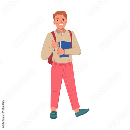 Boy wearing backpack and holding book in hands, isolated preteen personage walking to school. Lessons and classes, education and obtaining knowledge for children. Flat cartoon character vector