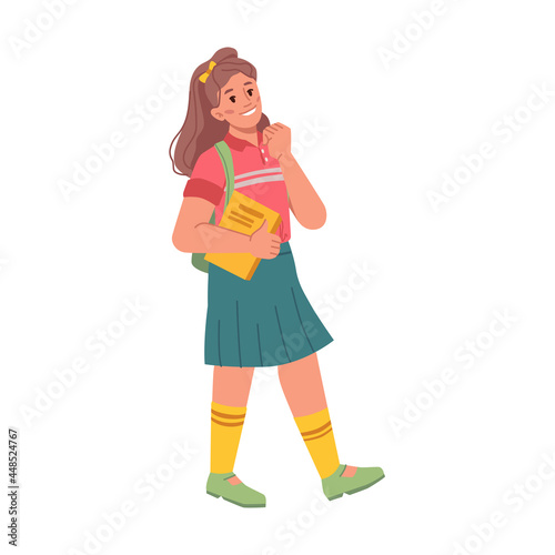 Female personage carrying books and wearing satchel on shoulders walking to school to attend lessons and classes. Isolated girl wearing casual clothes to college. Flat cartoon character vector