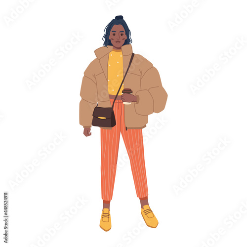 Woman in fashionable urban outfits, stylish bag, oversize jacket and orange pants isolated flat cartoon couture model. Vector afro american girl with cup of coffee, female with leather bag