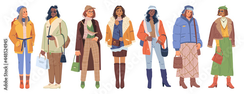 Set of stylish modern women in fashion winter outfit clothes isolated flat cartoon characters. Vector vogue couture models, collection of people in fashionable urban street style cloth, wintertime photo