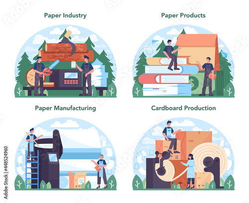 Paper industry set. Wood processing and paper production factory