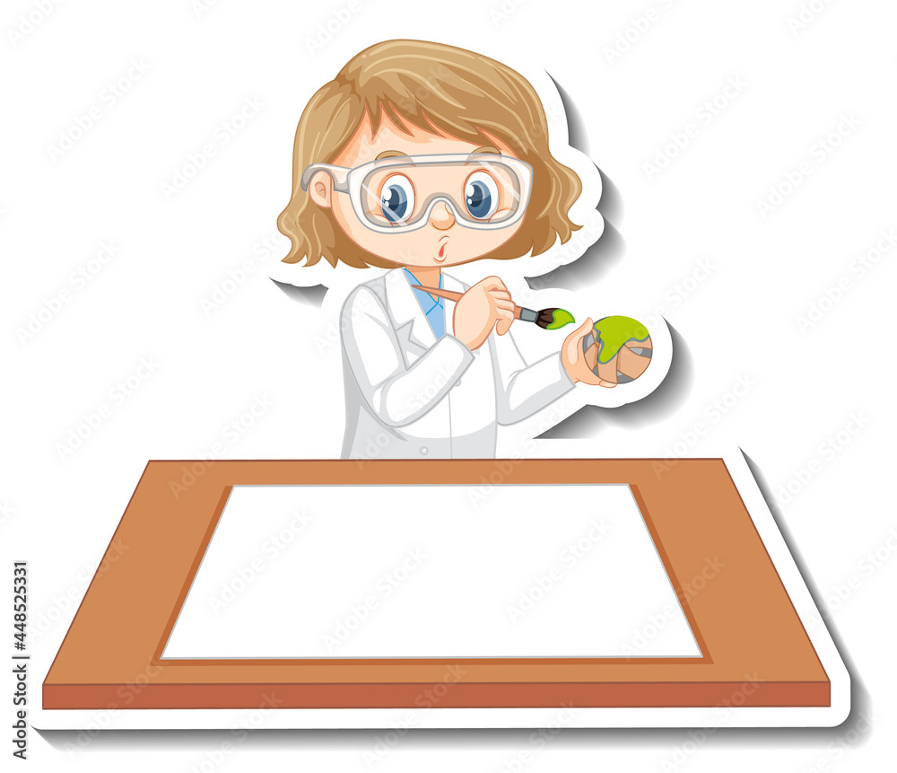 Scientist girl cartoon character with blank table Scientist girl cartoon character with blank table