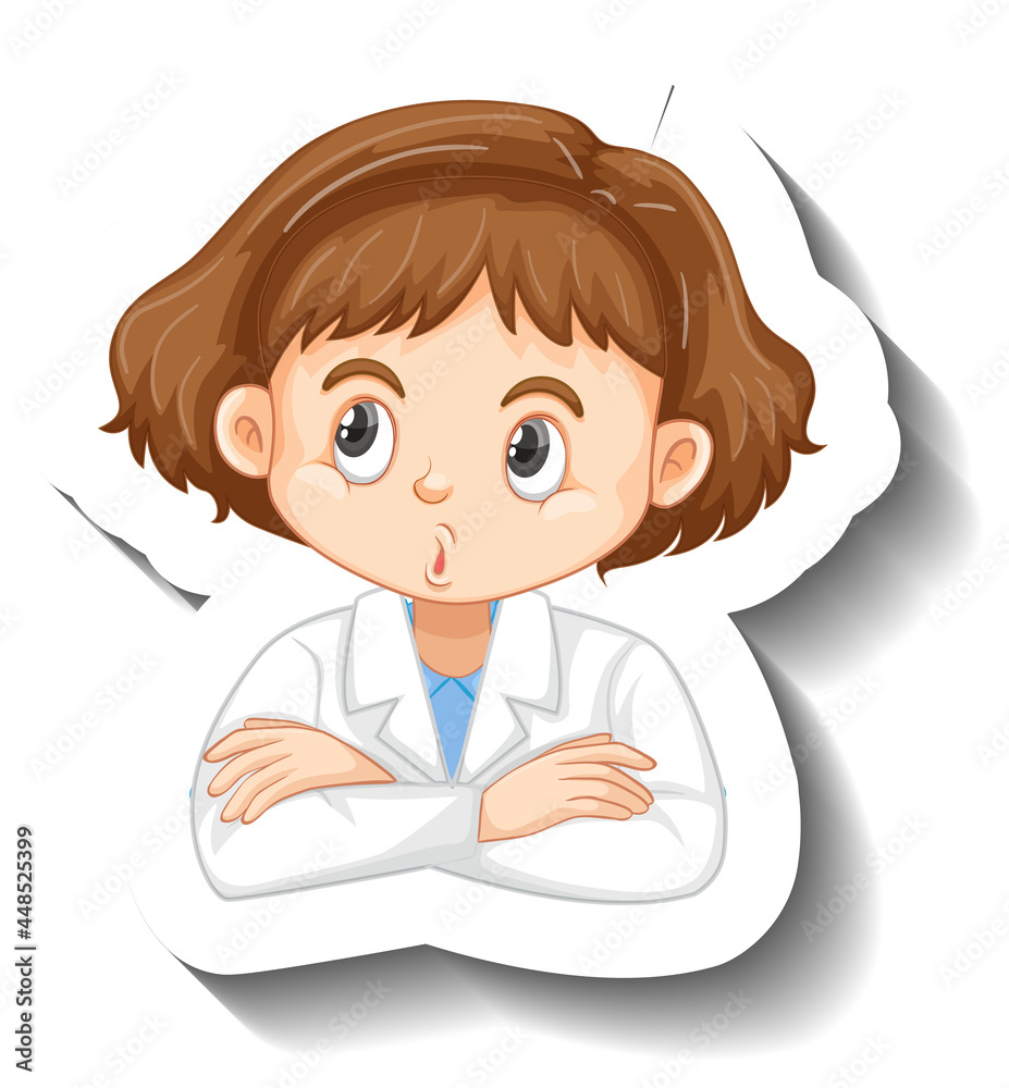 Cartoon character sticker with a girl in science gown Cartoon character sticker with a girl in science gown
