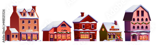 Christmas street decorated houses in garlands with snow isolated set. Vector homes with chimneys on roof, city architecture design object. New Year cafes and shop stores exterior facades