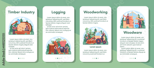 Timber industry and wood production mobile application banner set. Logging