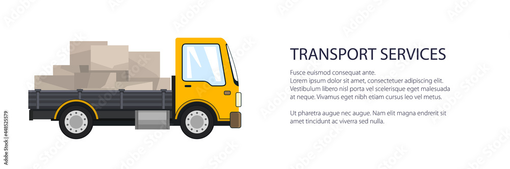 Obraz premium Yellow small cargo truck with boxes , delivery services and logistics banner, shipping and freight of goods, vector illustration
