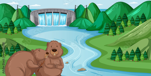 Dam landscape with beaver family