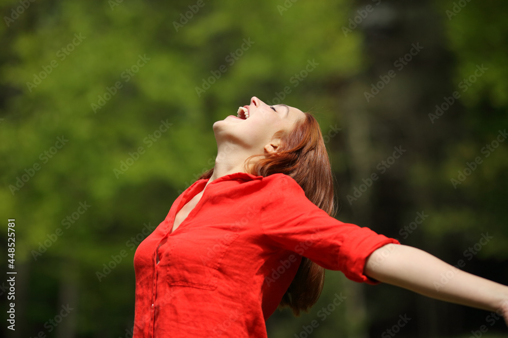 Happy woman screaming stretching arms in a forest Happy woman screaming stretching arms in a forest