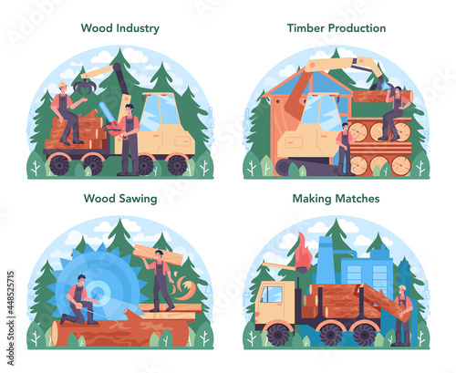 Wood industry and timber production set. Logging and woodworking