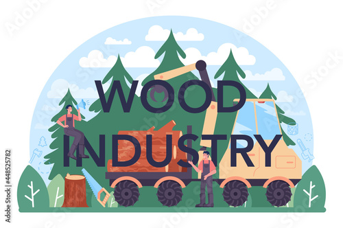 Wood industry typographic header. Logging and woodworking