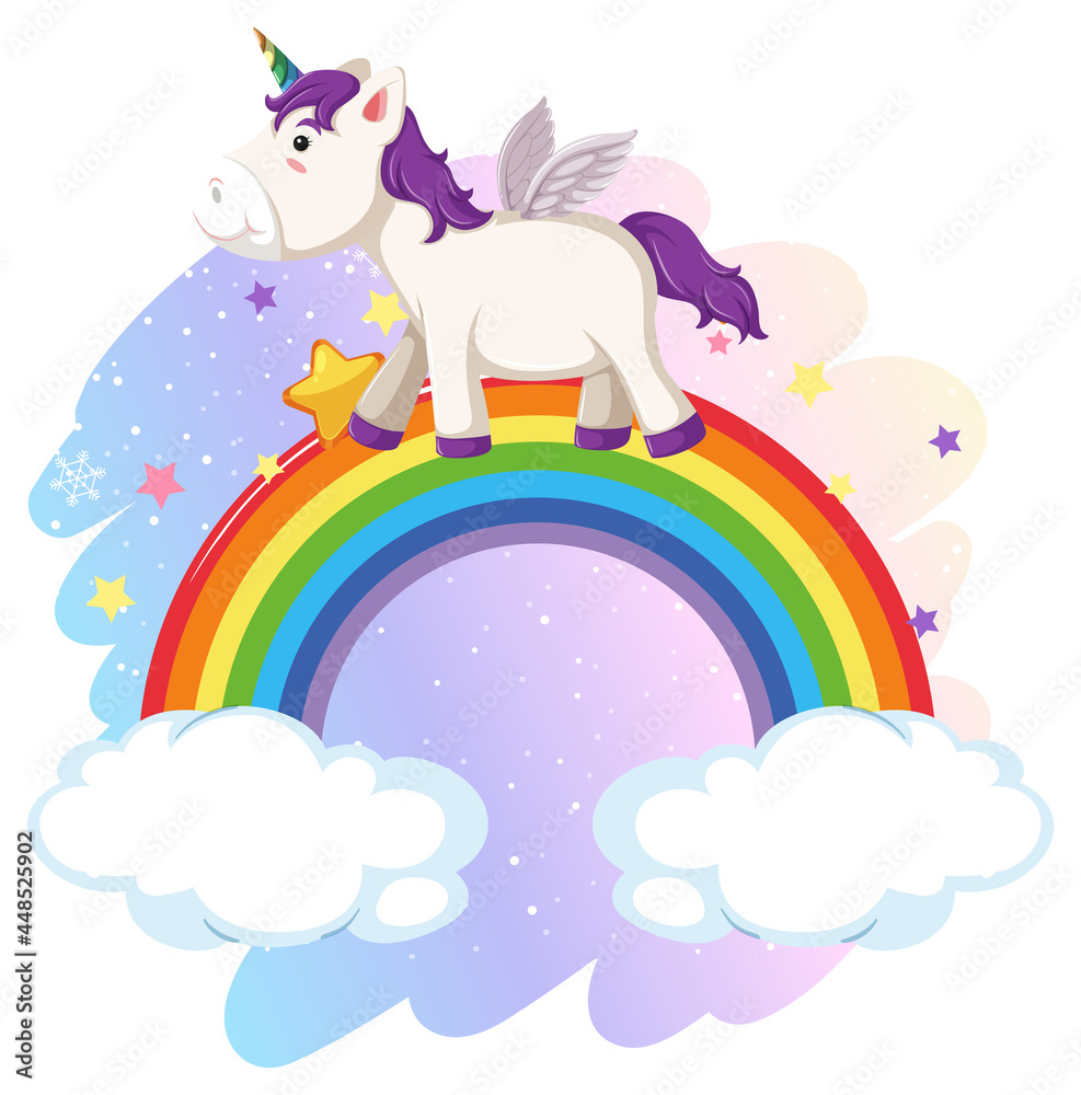 Cute pegasus in the pastel sky with rainbow Cute pegasus in the pastel sky with rainbow