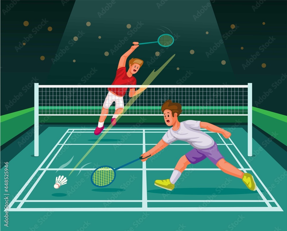 Badminton player action in match competition at court sport stadium cartoon illustration vector