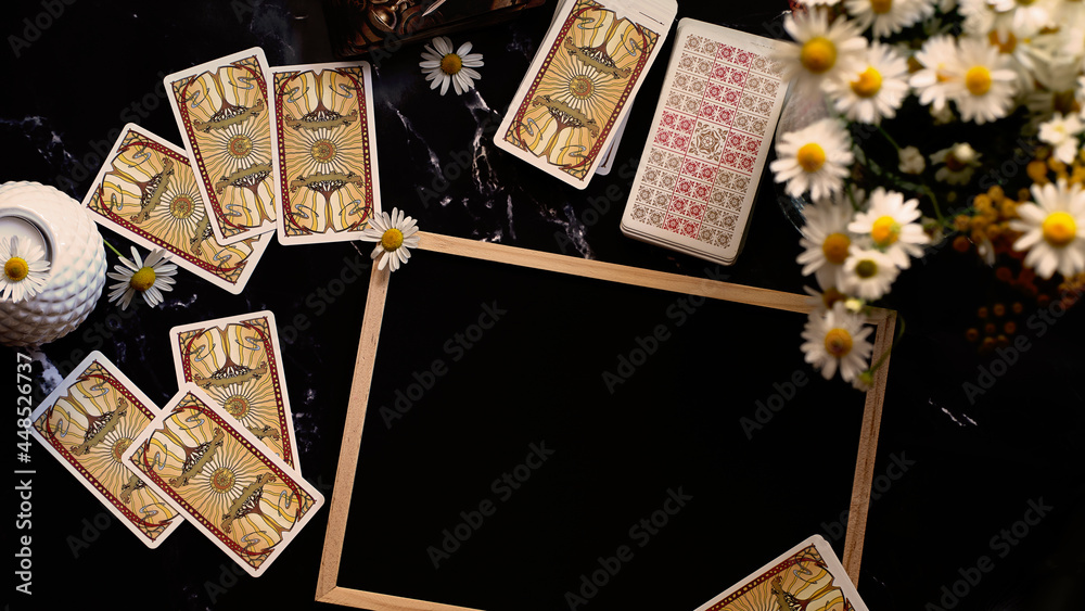 Tarot cards on the table, fortune telling and predictions with copy space