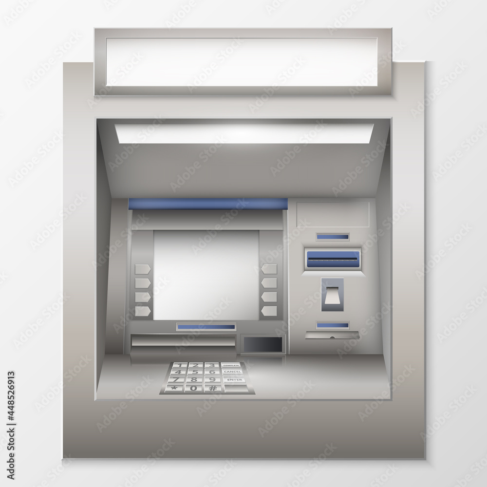 ATM machine template. Metal device for dispensing cash and financial payments terminal with silver body and blank vector display. ATM machine template. Metal device for dispensing cash and financial payments terminal with silver body and blank vector display.