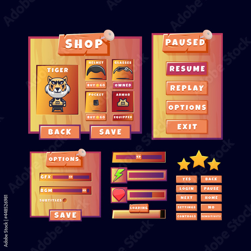 game ui old wooden kit menu pop up with button and progress bar icon