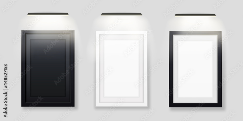 Photo frames with led backlit template. Black and white blank picture with illuminated lamp from top set of interior banners for vector gallery. Photo frames with led backlit template. Black and white blank picture with illuminated lamp from top set of interior banners for vector gallery.