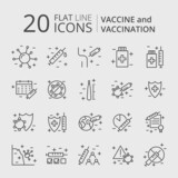 Vaccination and immunization line icon set. Collection of editable stroke symbols. Vaccines against virus, vaccination sheldule, anti vaccine, shield virus. Flu, hepatitis, measles covid prevention