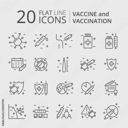 Vaccination and immunization line icon set. Collection of editable stroke symbols. Vaccines against virus, vaccination sheldule, anti vaccine, shield virus. Flu, hepatitis, measles covid prevention