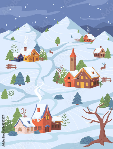 New Year Christmas rural village scenery, cottages and trees in snow, flat cartoon design. Vector mountains and starry sky, houses with garlands, fence, pathways and reindeer, countryside background