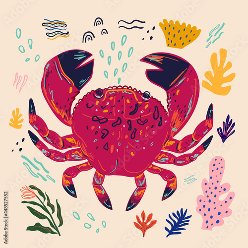 Vector colourful illustration with cute funny crab. Underwater marine life.