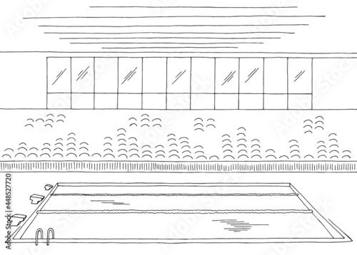 Swimming pool interior graphic black white sketch illustration vector 
