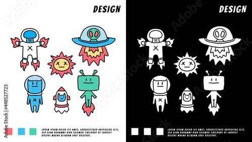 collection of alien and space theme cartoon, illustration for t-shirt, poster, sticker, or apparel merchandise.