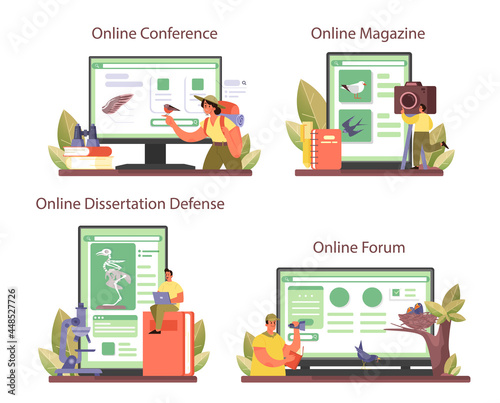 Ornithologist online service or platform set. Zoologist research