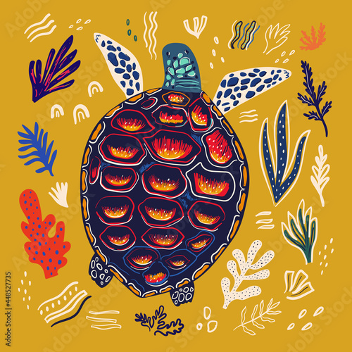 Underwater marine life. Vector illustration with sea turtle