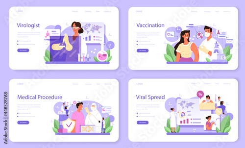 Virologist web banner or landing page set. Scientist studies viruses