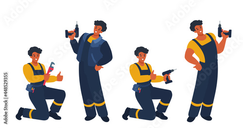 A handyman master holds a cordless drill, screwdriver. A repairman, a worker wears a uniform. A plumber holds a wrench. A vector cartoon illustration. photo
