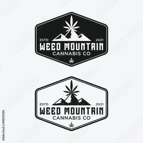 Mountain with Cannabis Leaves Logo Design Template. Suitable for Cannabis Hashish Weed Marijuana Hemp Plant Business Brand Company Shop in Hipster Retro Rustic Vintage Old Grunge Logo Design.
