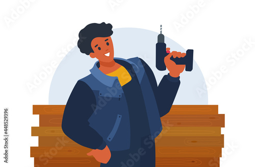 A handyman master holds a cordless drill, screwdriver. A repairman, a worker wears a uniform. A vector cartoon illustration.
