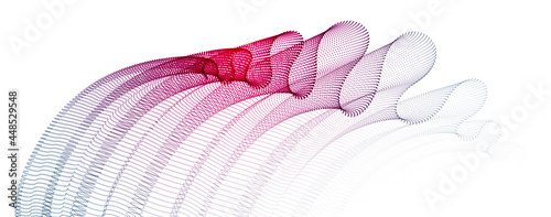 Dynamic particles sound wave flowing, transparent tulle textile on wind. Dotted curves vector abstract background. Beautiful 3d wave shaped array of blended points.