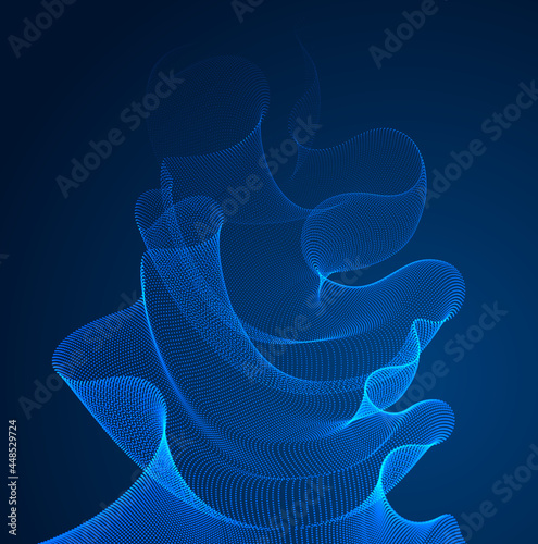 Fototapeta Naklejka Na Ścianę i Meble -  3d magic particles mesh array over dark, sound wave flowing, transparent tulle textile on wind. Round points vector effect illustration. Blended mesh, calming relaxing wallpaper.