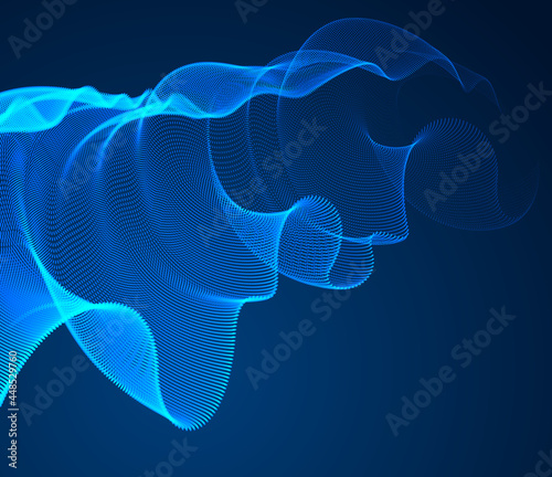 Flowing magic particles wave over dark, transparent tulle textile on wind, dynamic motion curve lines. 3d vector illustration. Beautiful calming wave shaped array of blended points.